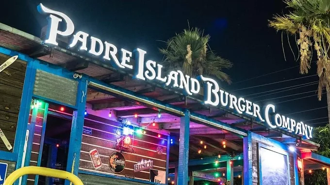 Padre Island Burger Company storefront at night