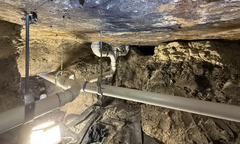 New PVC drain lines supported under a pier-and-beam house in a crawlspace