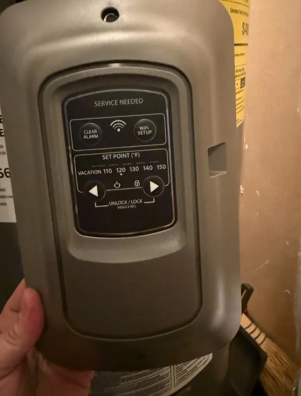 Smart water heater control panel showing temperature set points and WiFi setup